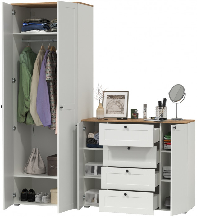 Остин Прихожая 04, цвет белый шагрень/дуб крафт золотой, ШхГхВ 200х54,3х229,6 см., универсальная сборка