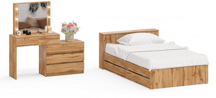 Ксения Кровать с ящиками 1200 + Стол косметический с подсветкой 110, дуб вотан