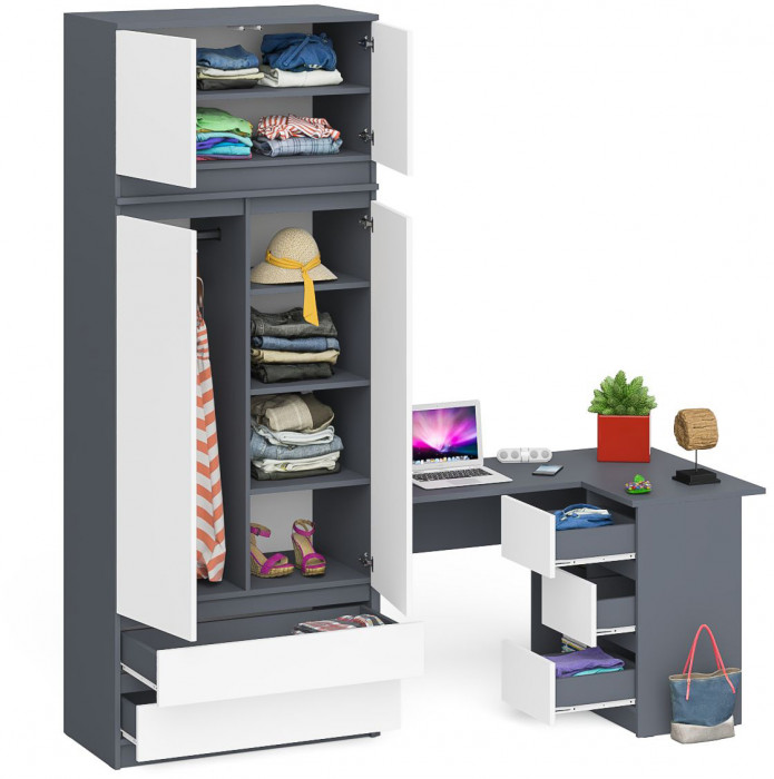 Мори компьютерный стол МС-16 правый + Шкаф МШ900.1 + Антресоль МА900.1, графит/белый