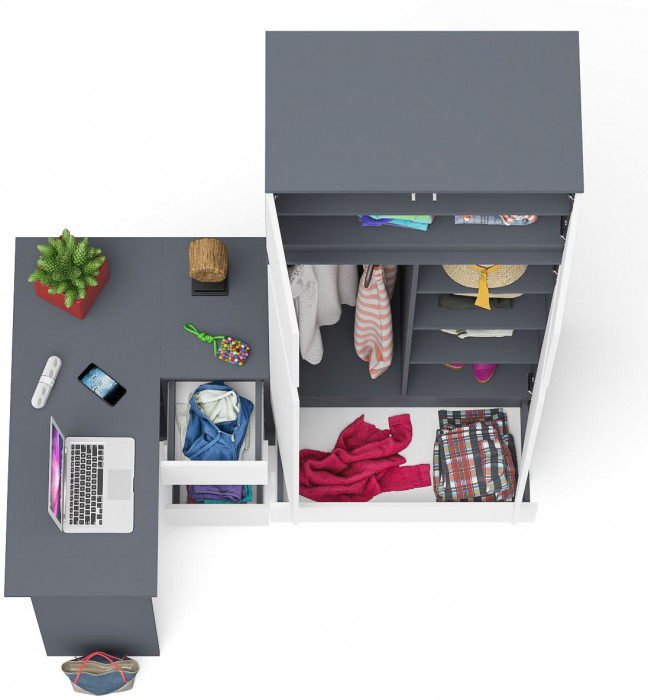 Мори компьютерный стол МС-16 правый + Шкаф МШ900.1 + Антресоль МА900.1, графит/белый