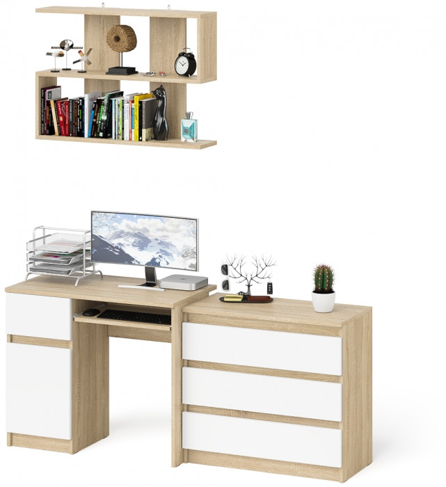 Мори Стол компьютерный МС-1 левый + Комод МК800.1 + Полка 900, цвет дуб сонома/белый, ШхГхВ 170,4х50х209,6 см., НЕ универсальная сборка