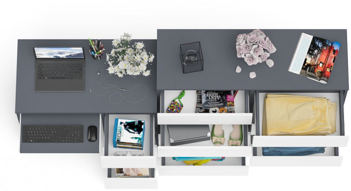 Мори компьютерный стол МС-6 правый + Комод МК1200.8, графит/белый