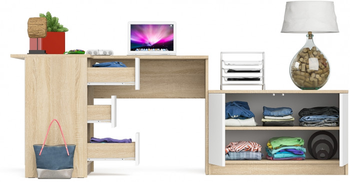 Мори Стол компьютерный МС-16 левый + Тумба МА900.1, цвет дуб сонома/белый, ШхГхВ 214,8х84,9х76,6 см., выдвижные ящики слева, НЕ универсальная сборка