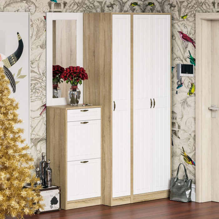 Прихожая П-6 Компоновка № 49, дуб сонома/фасады МДФ белое дерево фрезеровка прованс