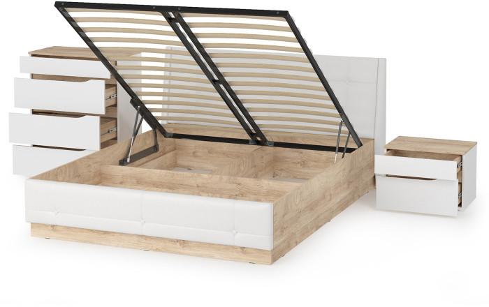 Муссон Кровать 11.28 + подъёмный ортопед + Тумба 16.03 + Комод 13.97, цвет белый/дуб эндгрейн элегантный/кожзам белый, сп. м. 1600х2000 мм., б/м