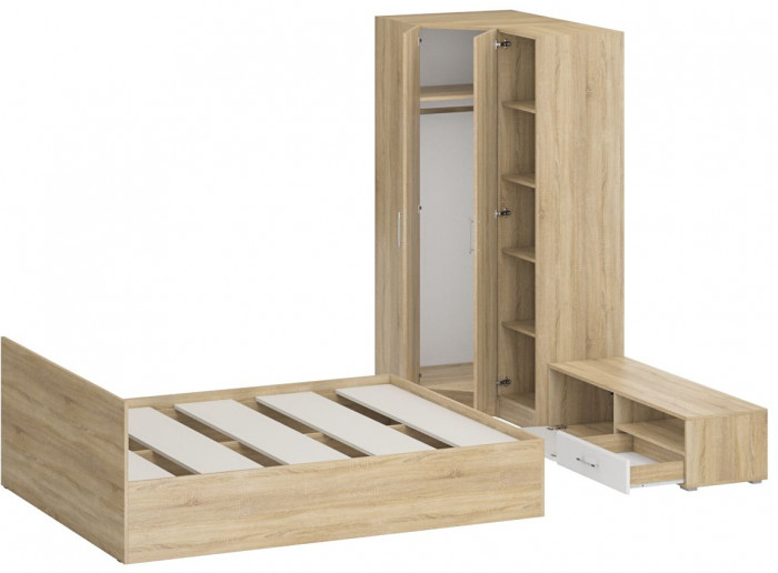 Спальня Стандарт 4-1600, дуб сонома/фасады ТВ тумбы МДФ белый глянец
