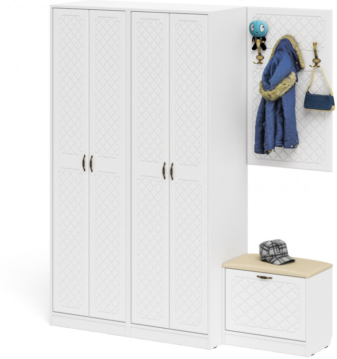 Прихожая П-6 Компоновка № 09, цвет белая шагрень/фасады МДФ белое дерево фрезеровка ромб, ШхГхВ 180х50х210 см., универсальная сборка