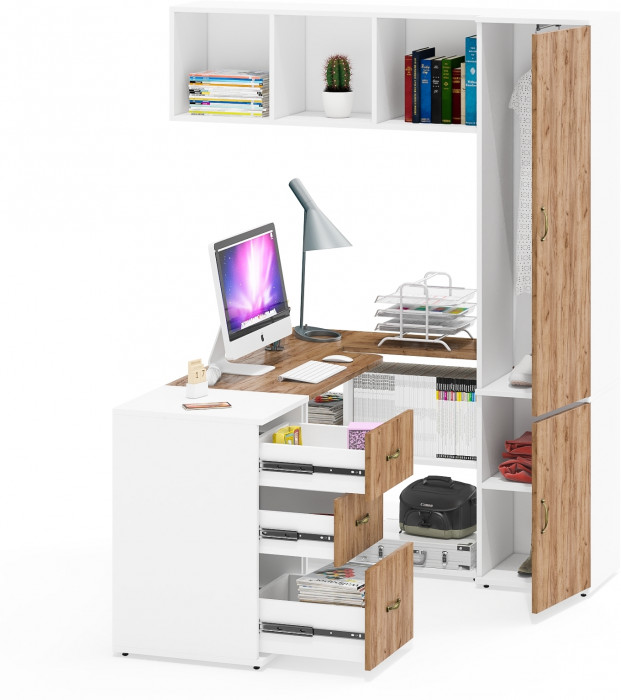 Лидер-8 Стол + Полка + Тумба МД 3.16 + Пенал МД 21Б, белый шагрень/крафт золото