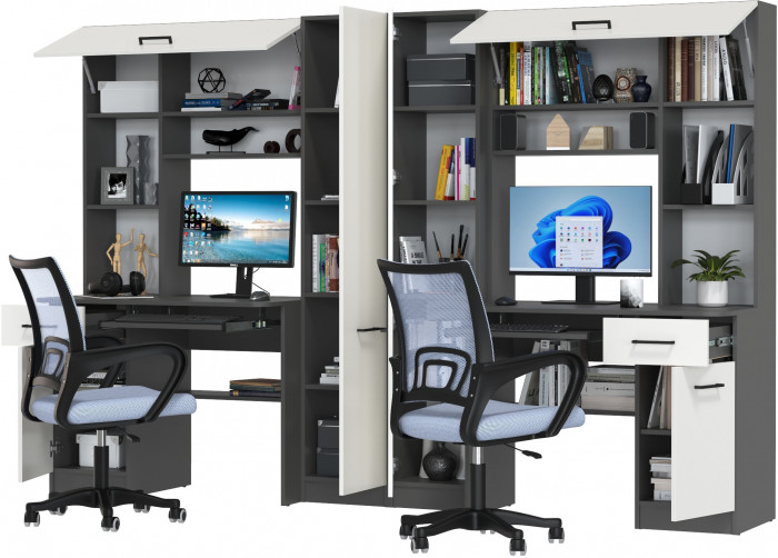 Два стола рабочих 6-0603 Альфа + два кресла 103 серых, цвет графит/белый, ШхГхВ 274х61х181 см., универсальная сборка