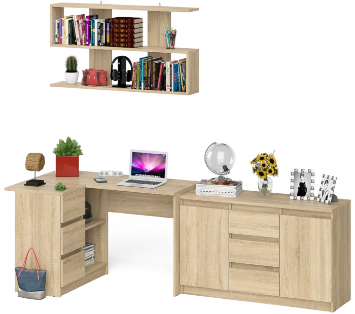 Мори компьютерный стол МС-16 левый + Комод МК1200.3 + Полка 1200, дуб сонома
