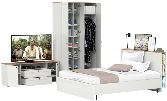 Остин 11.53 Кровать + ортопед + 13.336.03 Шкаф для одежды + 16.47 Тумба под ТВ, белый шагрень/дуб крафт золотой