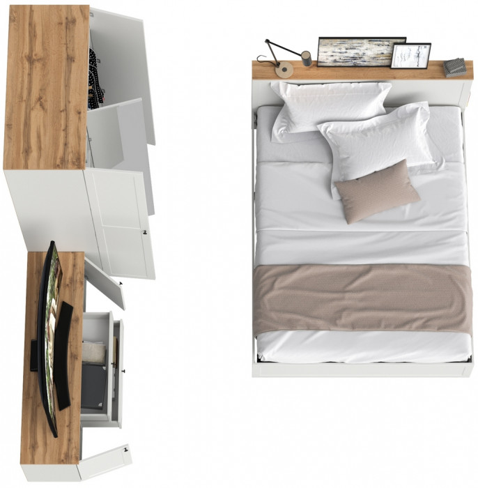 Остин 11.53 Кровать + ортопед + 13.336.03 Шкаф для одежды + 16.47 Тумба под ТВ, белый шагрень/дуб крафт золотой