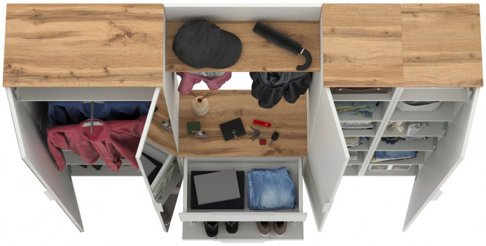 Октава Прихожая 29, цвет белый шагрень/дуб крафт золотой/фасады МДФ белый шагрень, ШхГхВ 193,7х35,4х197,6 см., универсальная сборка