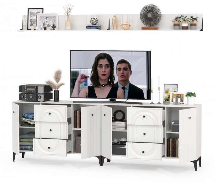 Валенсия Гостиная № 090, цвет ЛДСП белый шагрень/МДФ белый шагрень, ШхГхВ 266,3х38,4х205 см.