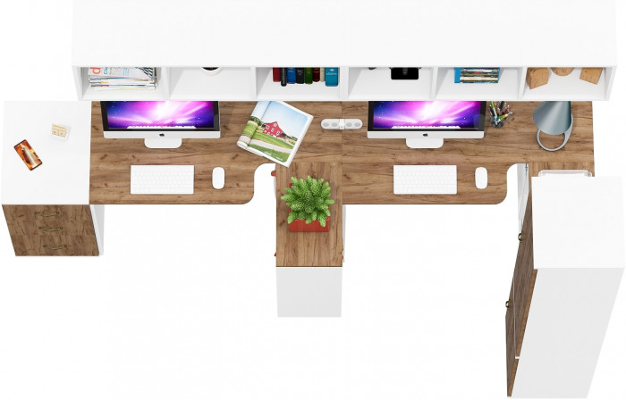 Лидер-8 Стол + Полка + Стол + Полка + Пенал МД 21Б + Тумба МД 3.16, белый шагрень/крафт золото