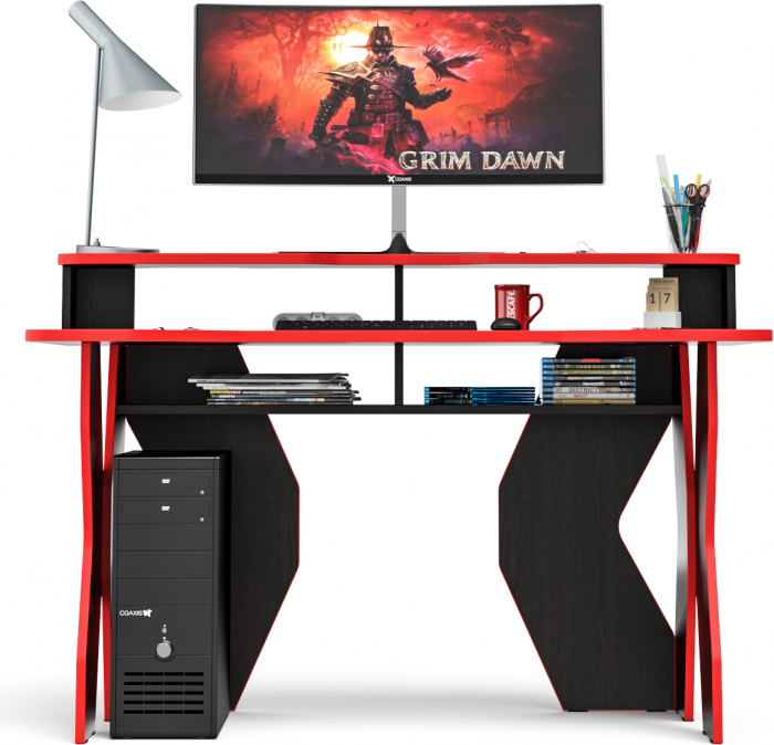 Стол компьютерный с надстройкой С-МД-СК5-1400Н, цвет венге/кромка красная, ШхГхВ 140х90х91(75) см. (Стол для геймера Краб-5 с надстройкой)