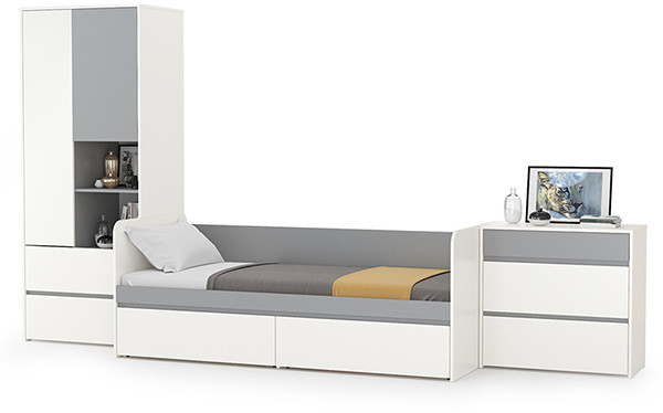 Торонто Компоновка № 21, цвет белый шагрень/стальной серый, ШхГхВ 354х84,4х195,7 см., сп. м. 800х1900 мм., б/м, основание есть, универсальная сборка