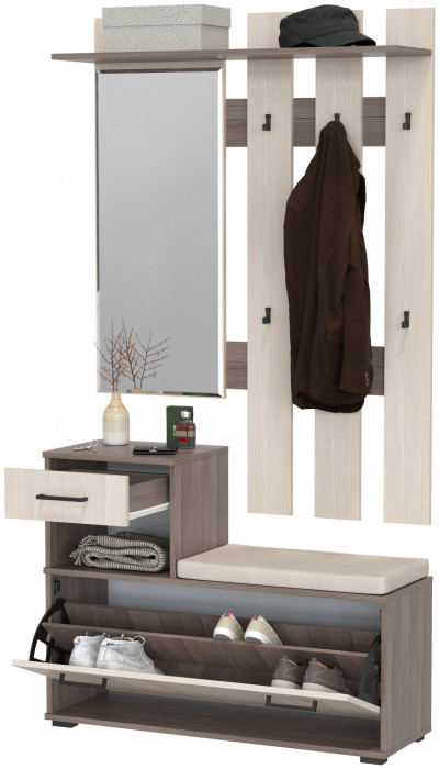 Лира ГК Прихожая 1 2-0714+2-3814 Тумба под обувь + Вешалка с зеркалом, цвет бодега тёмный/бодега светлый, ШхГхВ 100х33х185 см., универсальная сборка