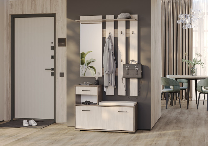 Лира ГК Прихожая 1 2-0714+2-3814 Тумба под обувь + Вешалка с зеркалом, цвет бодега тёмный/бодега светлый, ШхГхВ 100х33х185 см., универсальная сборка