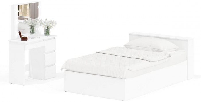 Ксения Кровать с ящиками 1200 + Стол косметический с подсветкой Сура, белый
