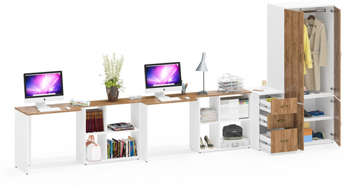 Лидер-8 Стол + Стол + Шкаф МД 19Б + Тумба МД 3.16, цвет белый шагрень/крафт золото, ШхГхВ 450х50х75/190 или 230х200/50х75/190 см., НЕ ун. сб.