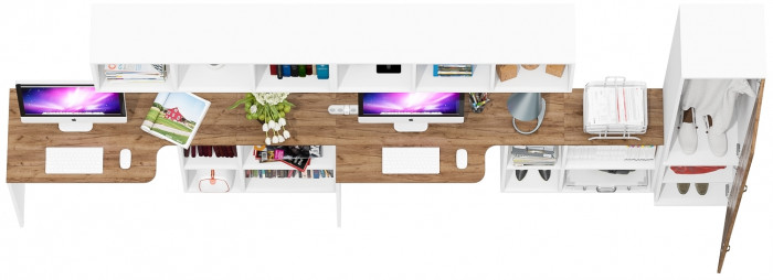 Лидер-8 Стол + Полка + Стол + Полка + Пенал МД 21Б, белый шагрень/крафт золото