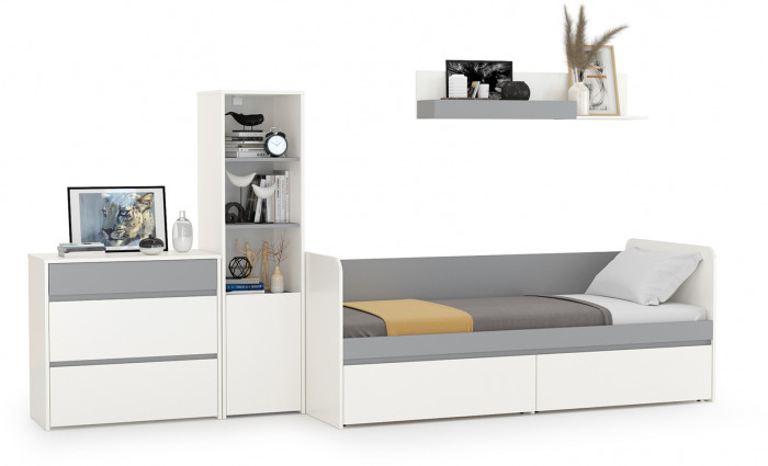 Торонто Компоновка № 22, цвет белый шагрень/стальной серый, ШхГхВ 314х84,4х149,7 см., сп. м. 800х1900 мм., б/м, основание есть, универсальная сборка