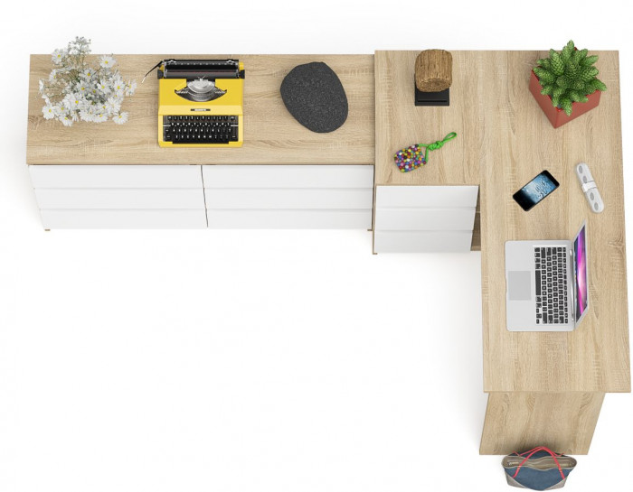 Мори компьютерный стол МС-16 левый + Комод МК1200.6, дуб сонома/белый