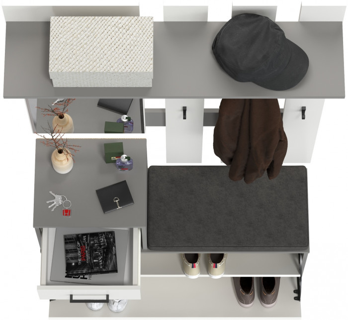 Лира ГК Прихожая 1 2-0714+2-3814 Тумба под обувь + Вешалка с зеркалом, цвет графит/белый, ШхГхВ 100х33х185 см., универсальная сборка