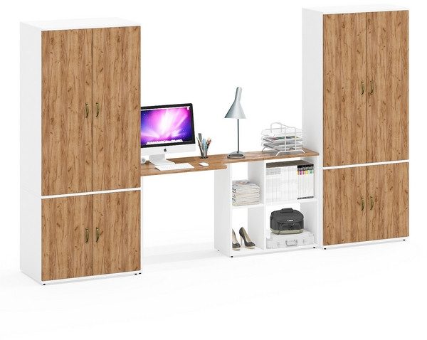 Лидер-8 Шкаф МД 20Б + Стол + Шкаф МД 19Б, цвет белый шагрень/крафт золото, ШхГхВ 325х50/37,5х75/190 или 115х240/50х75/190 см., НЕ ун.сб.