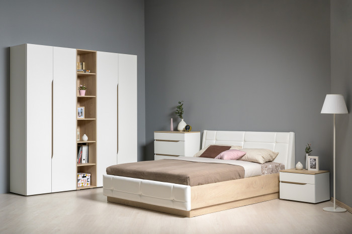 Муссон Кровать 11.28 + подъёмный ортопед + Тумба 16.03, цвет белый/дуб эндгрейн элегантный/кожзам белый, сп. м. 1600х2000 мм., б/м