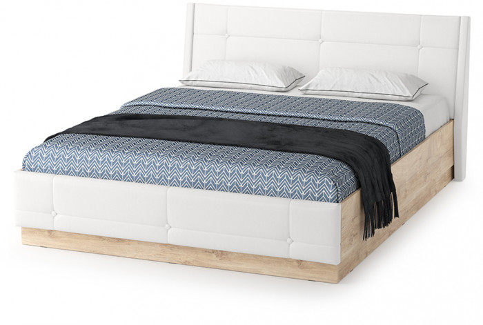 Муссон Кровать 11.28 + подъёмный ортопед + Тумба 16.03, цвет белый/дуб эндгрейн элегантный/кожзам белый, сп. м. 1600х2000 мм., б/м