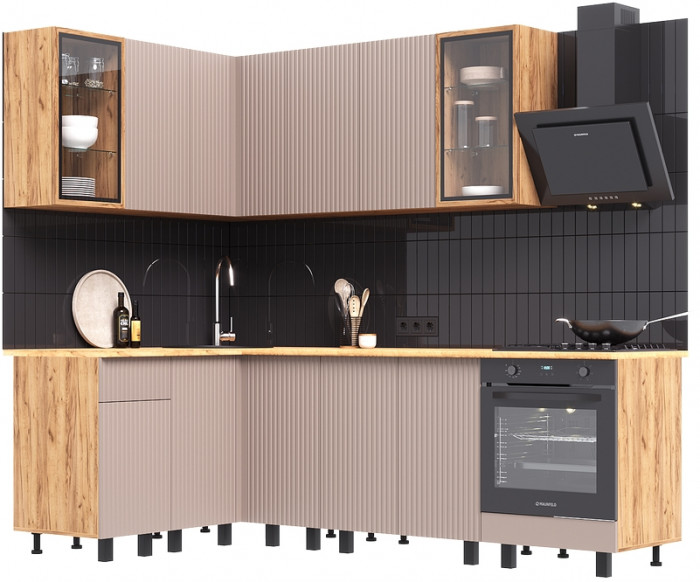 Угловая кухня Оливия NEW 1,4х2,4м, Крафт золотой/Холст латте