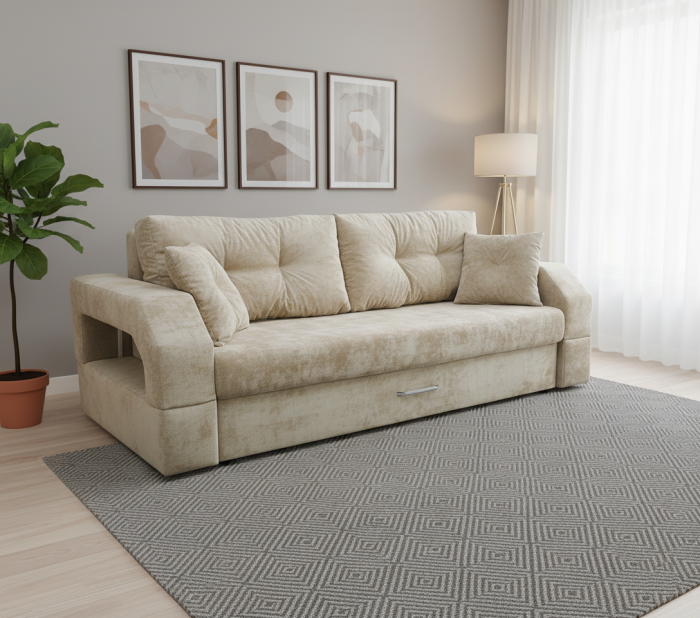 Диван-еврокнижка Манчестер, пружинный блок, 150х195, подсветка, велюр бежевый