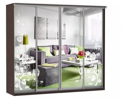 Шкаф купе Модерн 2362х600 4-х дверный 4-х секционный зеркальный с пескоструем №3 венге