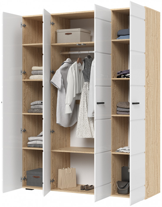 ЛИБЕРТИ ШК 04 Шкаф 4-х створчатый (1600х2100х500) Фасад МДФ БЕЛЫЙ ГЛЯНЕЦ/Корпус ДУБ СОНОМА