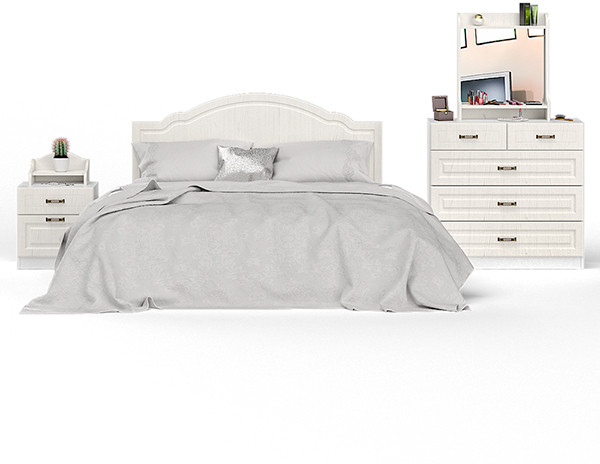 Ливерпуль Спальня № 5 Кровать 11.08ОСН + Тумба 08.146 + Полка 10.117 + Комод 10.103 + Полка 10.118, ясень ваниль/белый, 1600х2000 мм., б/м, орт. есть