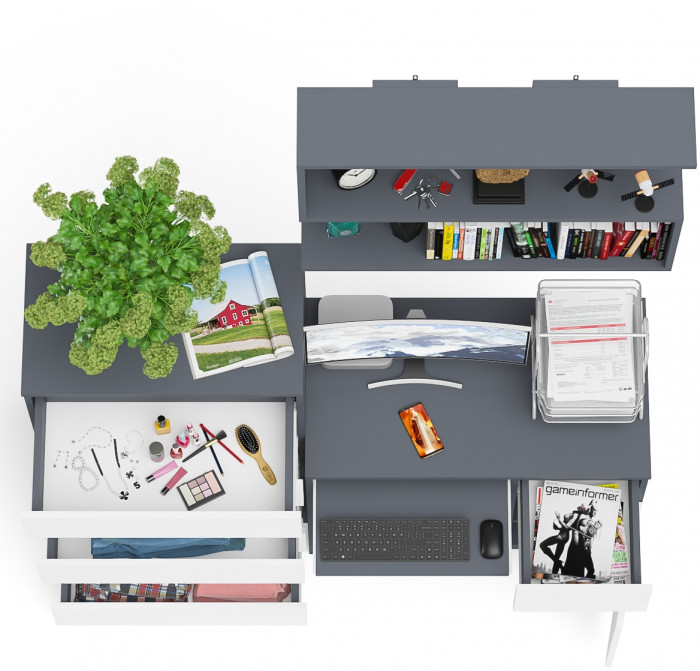 Мори Стол компьютерный МС-1 правый + Комод МК700.5 + Полка 900, цвет графит/белый, ШхГхВ 160,4х50х209,6 см., НЕ универсальная сборка