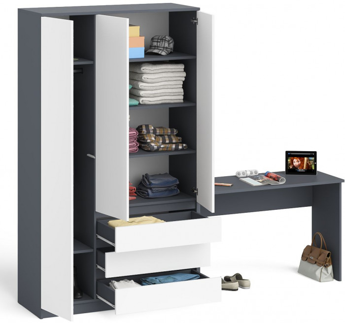 Мори Стол письменный МСП1200.1 + Шкаф МШ1200.1, цвет графит/белый, ШхГхВ 240,8х50,4х209,6 см., универсальная сборка
