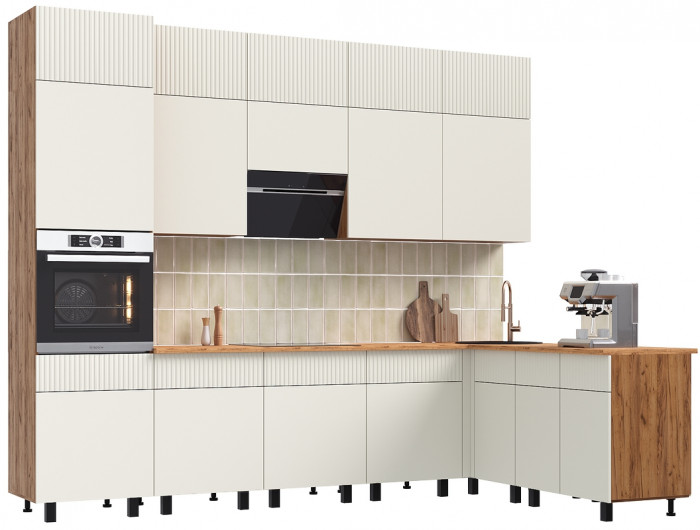 Кухня Оливия NEW 3,0х1,8/1080м Компоновка №2, Крафт золотой/Кашемир