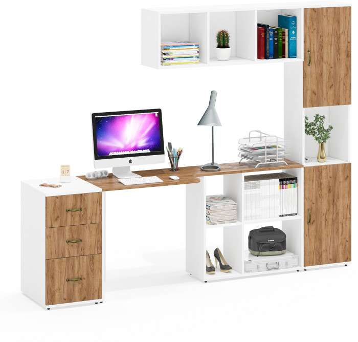 Лидер-8 Стол + Полка + Тумба МД 3.16 + Пенал, белый шагрень/крафт золото