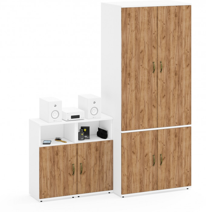 Лидер-8 Шкаф МД 19Б + Тумба МД 3.19 + Тумба МД 3.19, белый шагрень/крафт золото