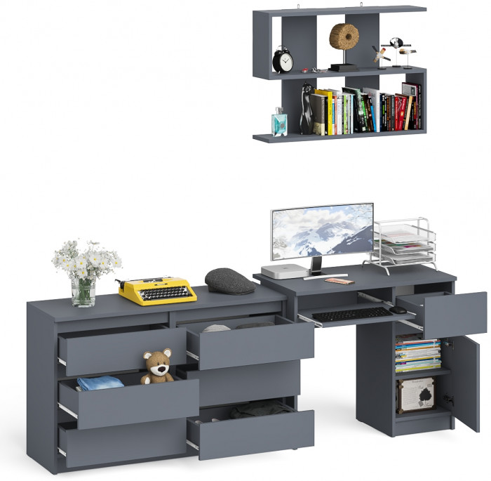 Мори компьютерный стол МС-1 правый + Комод МК1200.6 + Полка 900, графит