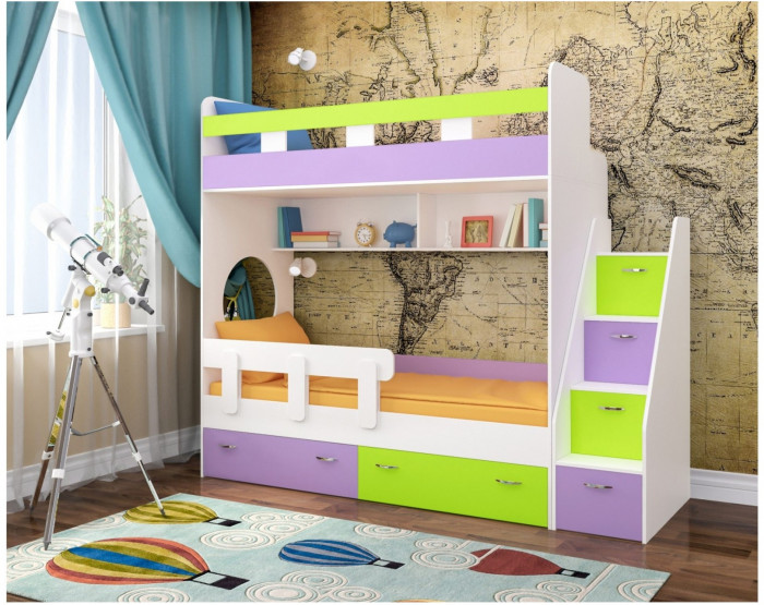 Двухъярусная кровать Юниор 1 + бортик Юниор (Винтерберг/Лайм / Ирис)