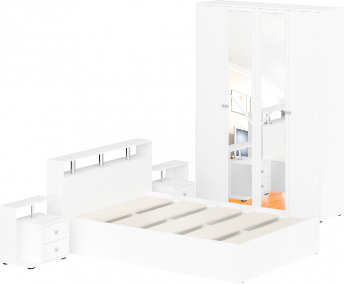 Камелия спальня № 1 Кровать 1400 + Две тумбы + Шкаф 4-х створчатый, цвет белый, сп.м. 1400х2000 мм., б/м, основание есть