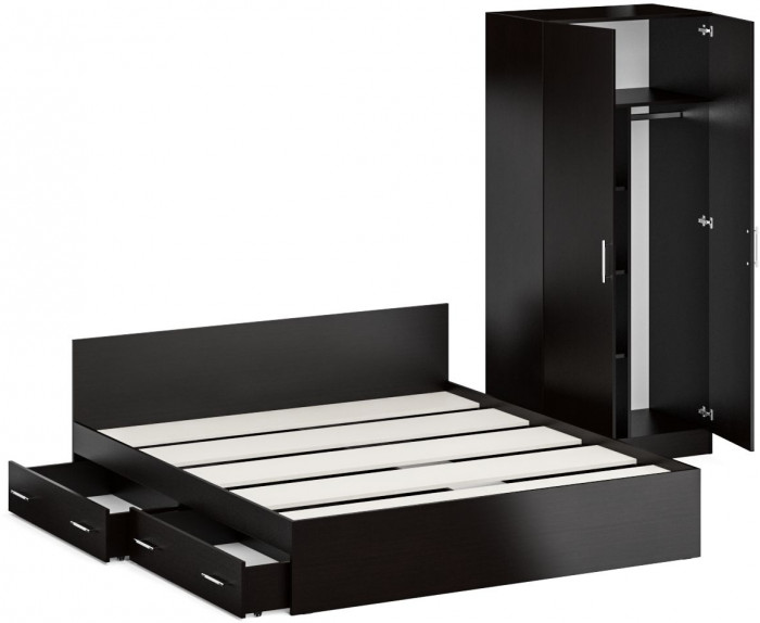 Кровать с ящиками 1800 + Шкаф 2-х створчатый Стандарт, цвет венге, ШхГхВ 183,5х203,5х70 + 90х52х200 см., сп.м. 1800х2000 мм., б/м, основание есть