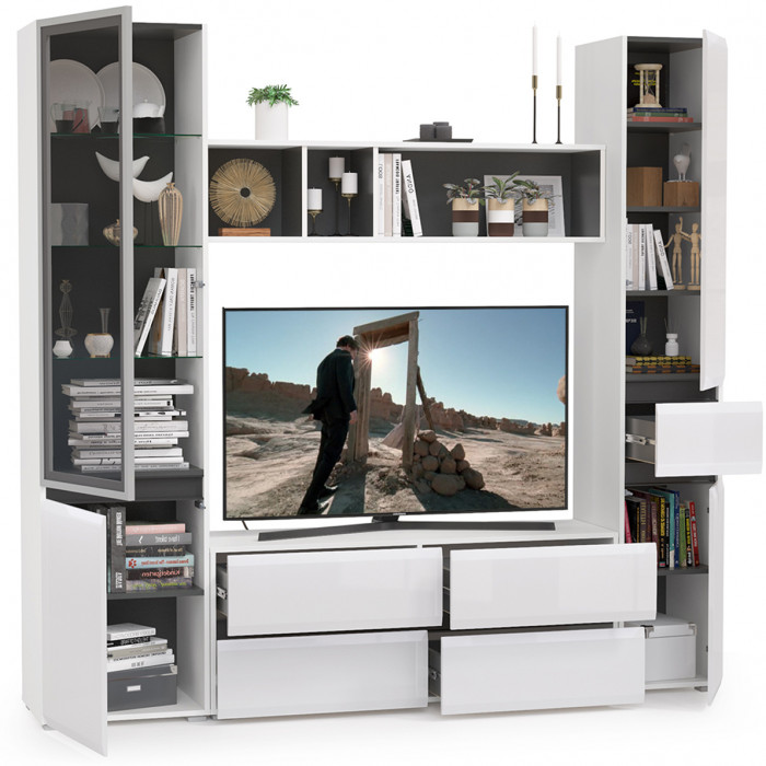 Сидней Комплектация № 023, корпус белый/чёрный/фасады МДФ белый глянец