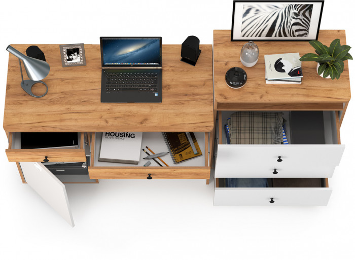 Вуди письменный стол 12.42 + Комод 13.293, белый премиум/дуб крафт золотой