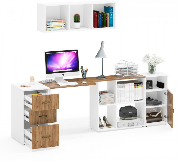 Лидер-8 Стол + Полка + Тумба МД 3.16 + Тумба МД 3.19, белый шагрень/крафт золото