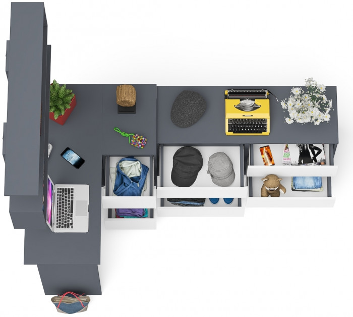 Мори компьютерный стол МС-16 правый + Комод МК1200.6 + Полка 1200, графит/белый